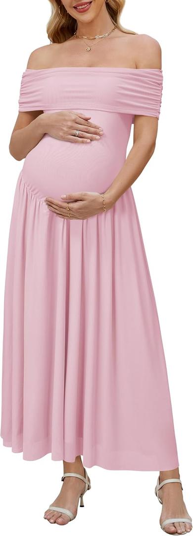 OUGES Women's 2026 Off The Shoulder Mesh Maxi Maternity Dress for Photoshoot Baby Shower Sleeveless Formal Long Dresses, Medium