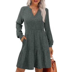 IWD Womens V Neck Long Sleeve Dress with Pockets Casual A-Line Knee Length Fall Knit Sweater Dresses 2025 (Green, XXL)