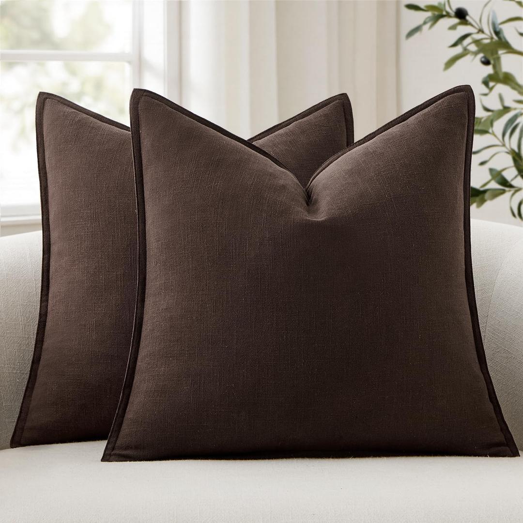 ANRODUO Pack of 2 Decorative Linen Pillow Covers Dark Brown Neutral Farmhouse Boho Soild Cushion Case Soft Accent Pillowcase for Couch Sofa Bedroom Living Room Home Decor 18 x 18 Inch