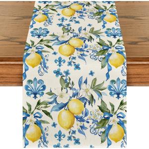 Artoid Mode Blue Lemon Iris Summer Table Runner, Seasonal Spring Kitchen Dining Table Decor for Home Party Decor 13x72 Inch