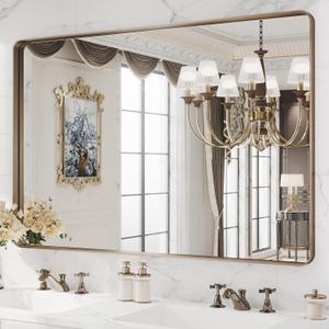 WEER 48x32 Inch Bronze Bathroom Mirror for Vanity, Brushed Bronze Metal Frame Mirror for Wall, Rounded Rectangle Bronze Frame Mirror with Tempered Glass, Anti-Rust (Horizontal/Vertical)