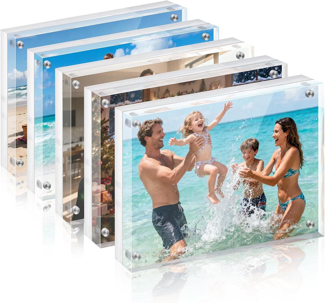 Cliselda 5x7 Magnetic Picture Frames, 5 Pack Crystal Clear Acrylic Picture Frames, Double-Sided Floating Magnetic Photo Frame, Strong Magnetic Closure, 20mm Thick Freestanding Display for Home Decor, Office Desk, Wedding & Memorial Photos