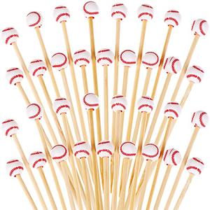 100 Pieces Bamboo Cocktail Picks 4.7 Inch Fruit Toothpicks Sports Ball End Cocktail Skewers Wooden Decorative Cocktail Picks for Appertizes, Fruit, Food, Sport Party Favors (Baseball)