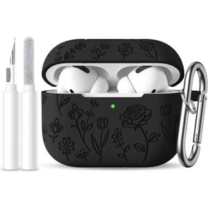 for AirPods Pro 2nd/1st Case with Cleaner Kit,Cute Rose Flower Engraved Soft Silicone Protective Compatible with Apple AirPods Pro 2/Airpod Pro Case Cover with Keychain,Front LED Visible,Black