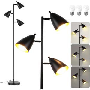 LALISU Tree Floor Lamp for Living Room, Industrial 3-Light Standing Lamp with 3 LED Bulbs, Adjustable Rotation Heads, Standing Tall Pole Lamp Farmhouse Rustic Reading Lamps for Bedroom Office (Black)