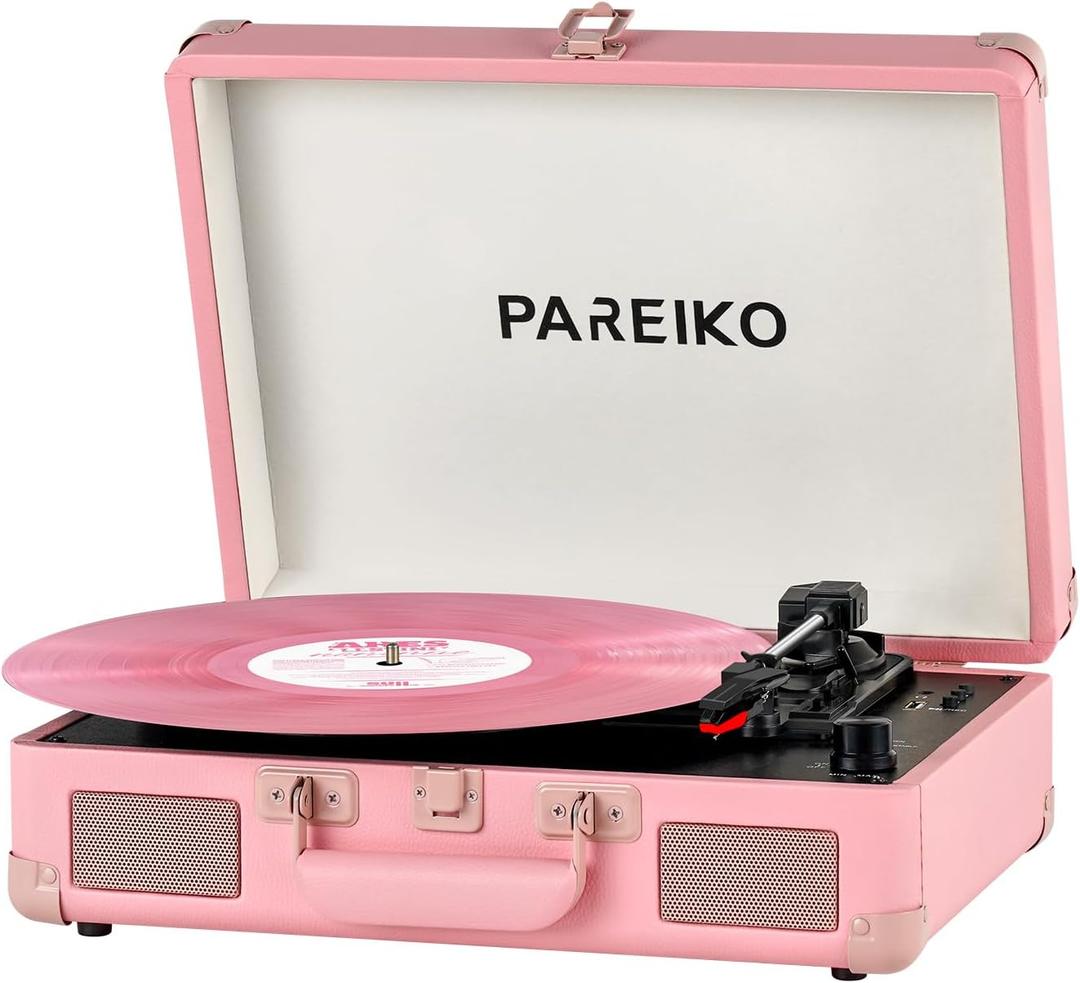 Portable Record Player with Bluetooth Connectivity USB Playback and Recording 3 Speed Turntable Vintage Suitcase Design Built in Speakers Rechargeable Battery for Vinyl Lovers