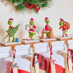 Set of 4 Christmas Stocking Holders for Mantle, 3D Resin Christmas Tree Santa Claus Stocking Hangers, Home Xmas Decorations for Fireplace Mantel Table Garland