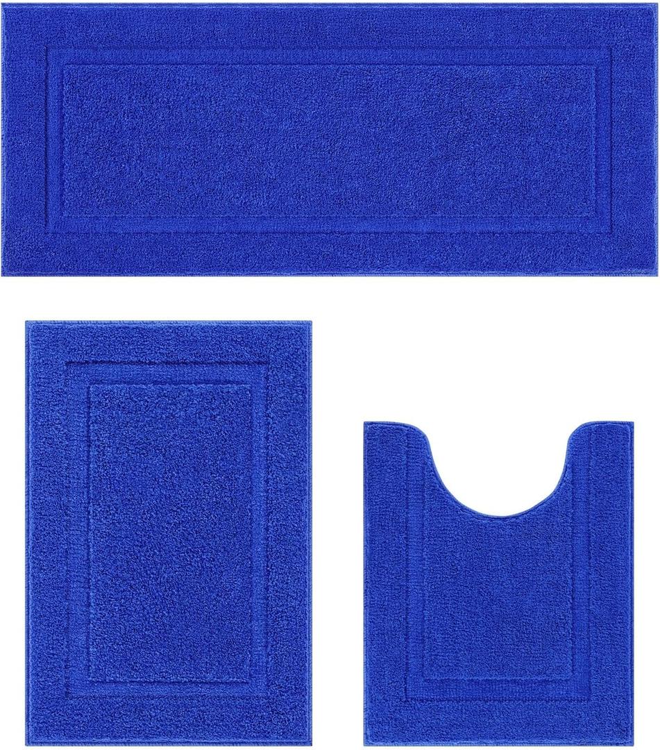 SHACOS Soft Fluffy Bathroom Runner Rugs Set of 3 Bath Mats with U Shape Toilet Rugs Non Slip Washable Bath Rugs Absorbent Bathroom Carpet for Shower Tub, Royal Blue, Size: 20"x32"+ 20"x47"+U Shape 20"x24"
