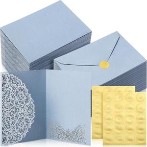 PerKoop 100 Set 5 x 7 Laser Cut Wedding Invitation with Envelopes and Wax Seal Stickers Blank Pocket Invitation Cards Kit for Wedding Bridal Shower Engagement Invite(Dusty Blue), One Size