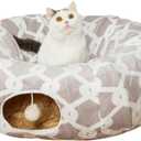 LUCKITTY Large Cat Tunnel Bed Under Christmas Tree with Fluffy Toy Balls, Small Cushion and Flexible Design- 10 inch Diameter, 3 ft Length- Great for Cats, and Small Dogs, Gray Geometric Figure
