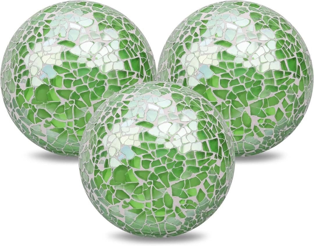 Mosaic Round Glass Ball 3PCS 3.34 Inch Crackl Solid Sphere Coffee Table Centerpiece Orbs Bowls Vases Dining Table Balls Decorative(Green)