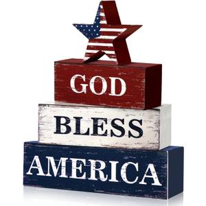 4 Pcs 4th of July Decorations Patriotic Memorial Day Table Sign Independence Day Table Wood Decorations Red White Blue Block for Office Tiered Tray Home Shelf 250th Anniversary(Flag)