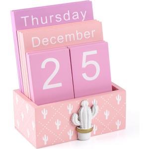 Perpetual Calendar for Desk Vintage Wooden Calendar for Kids Daily Desk Calendar Month Week Date Display Home Office Desk Rustic Decoration (1Pcs Pink, Cactus)