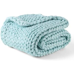 YnM Chunky Throw Blanket, Medium-Weight, Hand Knitted, Skin Friendly, Ventilated and Breathable, Machine Washable, Home Décor Piece for Couch, Sofa and Bed (Aqua Blue, 50x70 Inch)