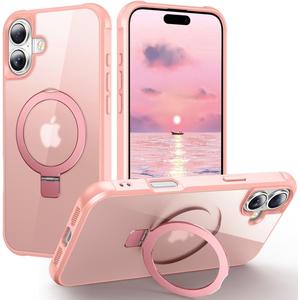 for iPhone 16 case, Built-in Metal Stand and Ring Holder, Magsafe Compatible, Military Grade Protection, Shockproof, Men's and Women's use - Pink