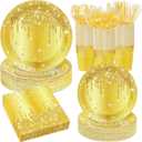 400 Pcs Gold Birthday Party Decorations Golden Glitter Paper Plates Disposable Diamonds Napkins and Cups for Women Birthday Anniversary Wedding Party Decorations Supplies