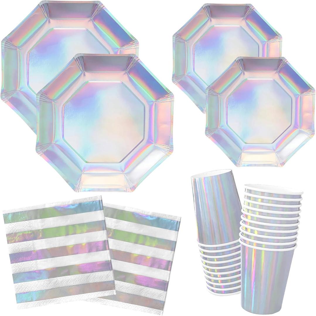 Gatherfun Iridescent Party Supplies - Disposable Paper Plates, Cups and Napkins, Ideal for Birthday, Mermaid Themed Events & Birthday or Wedding Party Decoration - Serves 16