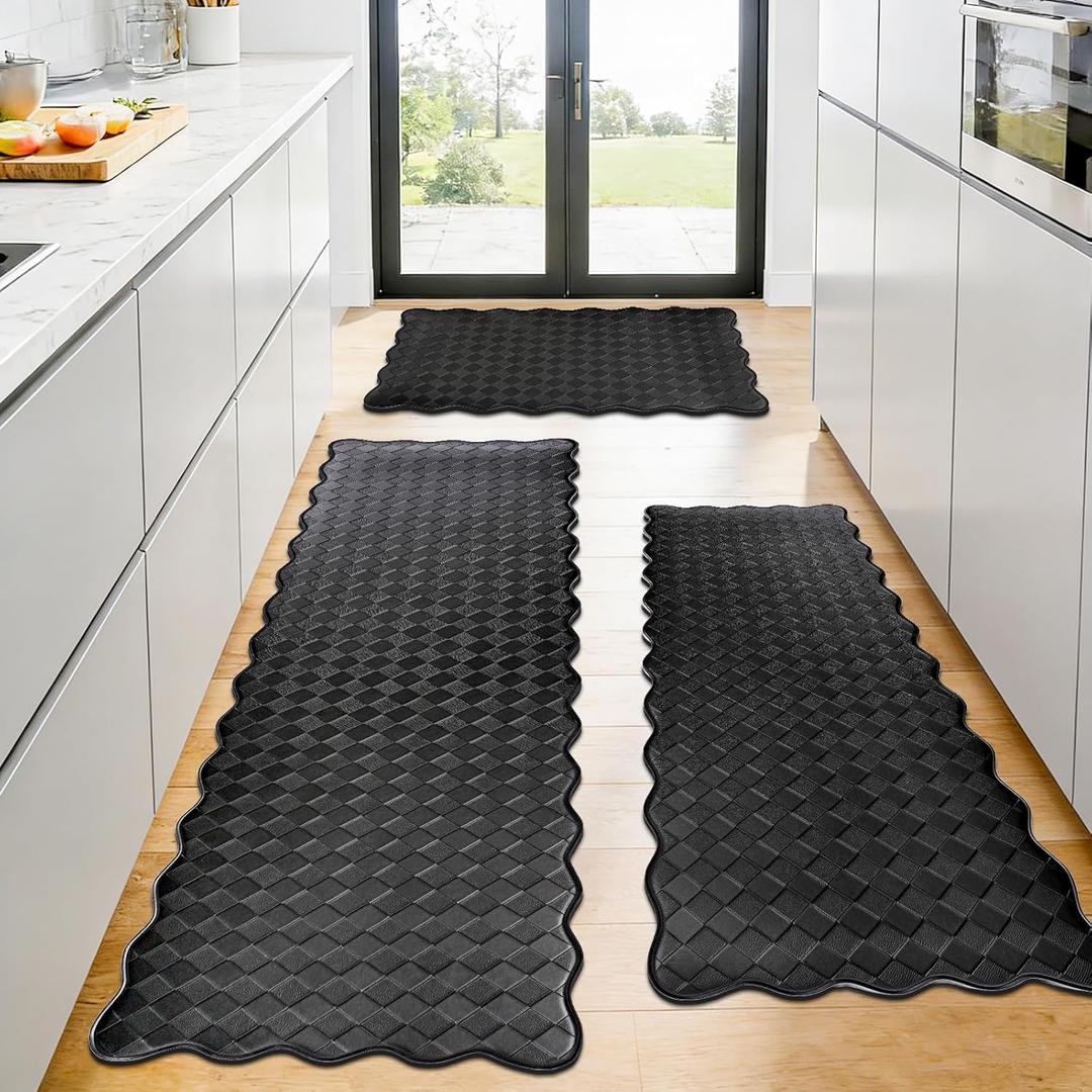 Kitchen Mats for Floor,3PCS Black Kitchen Rugs,Non-Slip Standing Mat,Cushioned Anti Fatigue Waterproof Foam Kitchen Rug Set for Office Sink Laundry