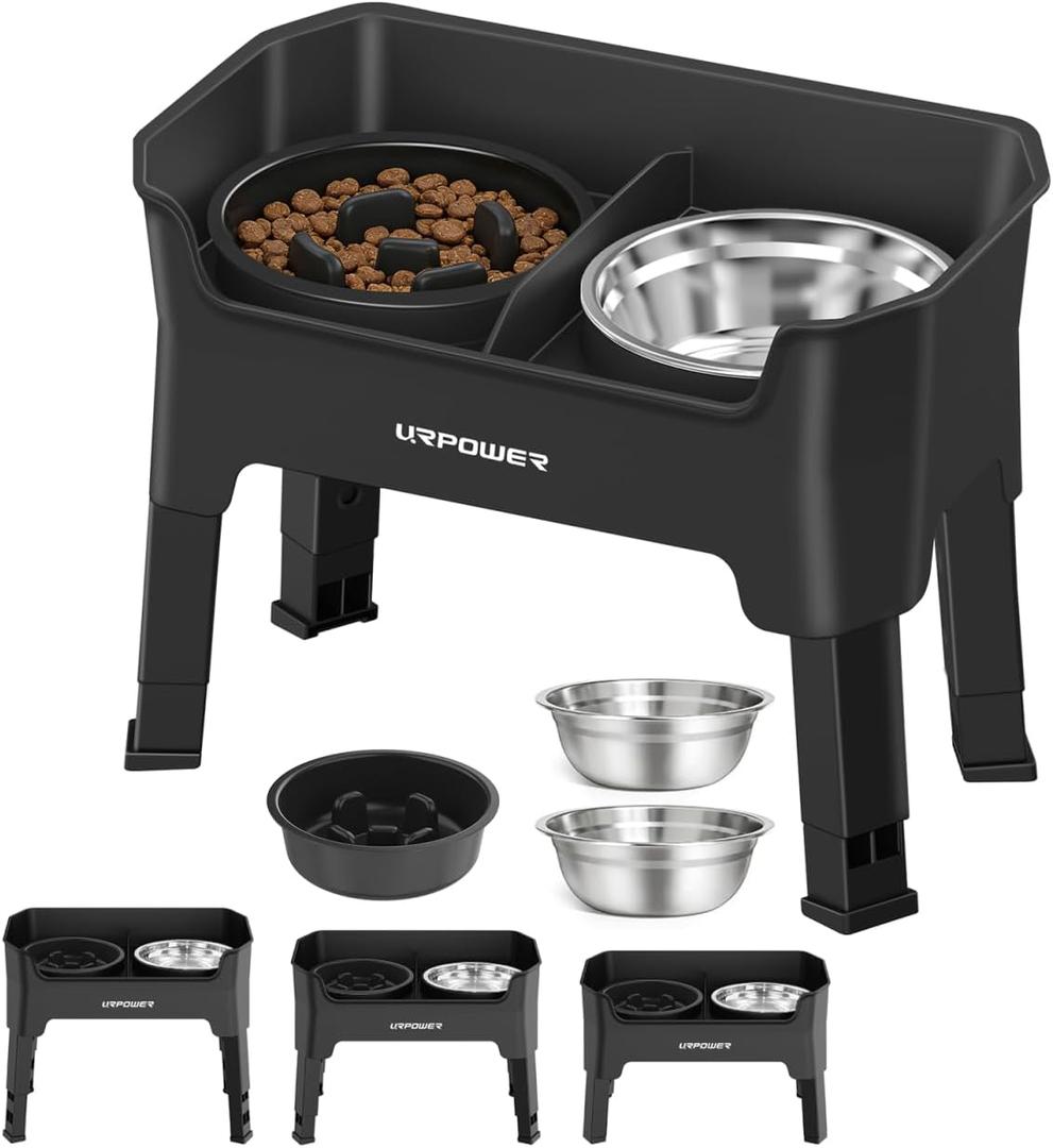 URPOWER 3-in-1 Elevated Dog Bowls - Mess Proof Double Deck 4 Height Adjustable Raised Stand with 2 Stainless Steel Food Bowls & Licking Plate for Small, Medium Dogs (Jet Black)
