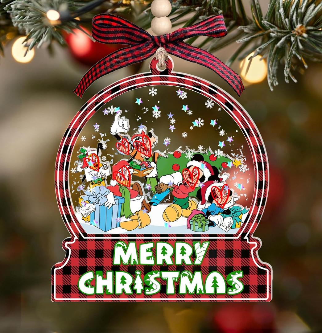 Mouse Friends Merry Christmas 3D Shaker Ornament, 3-Layer Acrylic Holiday Hanging Decoration with Artificial Snow and Holographic Stars, Mickey-Style Mouse Cartoon Friends Gift for Kids Family Fans