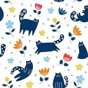 Mangoloo White Floral Wallpaper Peel and Stick Cute Blue Animal Cat Wallpaper for Nursery Kids Bedroom Playroom Wall Self Adhesive Removable Wallpaper White Cat Stick on Wallpaper Mural 17.5x102 in