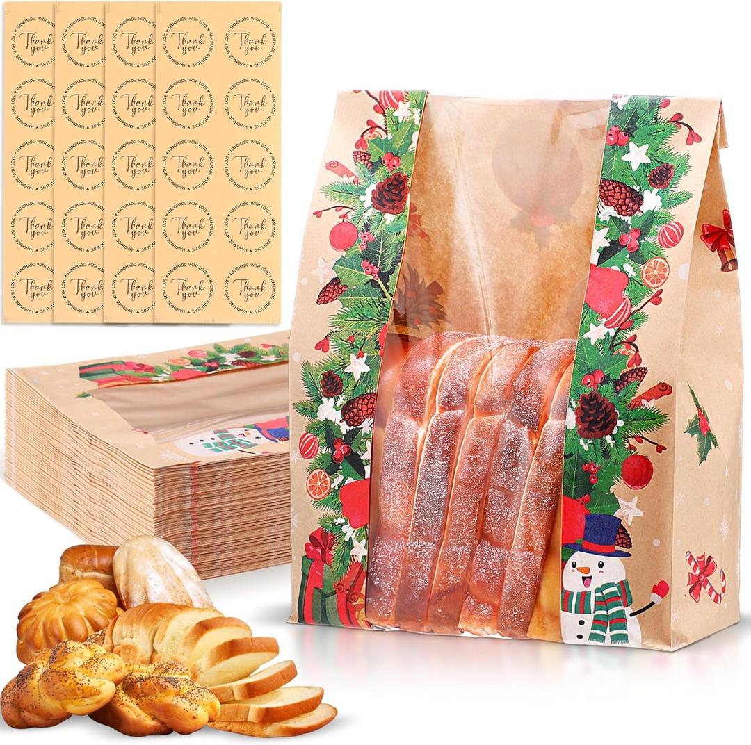 50 Pcs Christmas Kraft Paper Bread Bags with Clear Window and 50 Stickers 13.7 x 8.2 x 3.5 Large Christmas Sourdough Bags for Homemade Bread Storage Sourdough & Snacks
