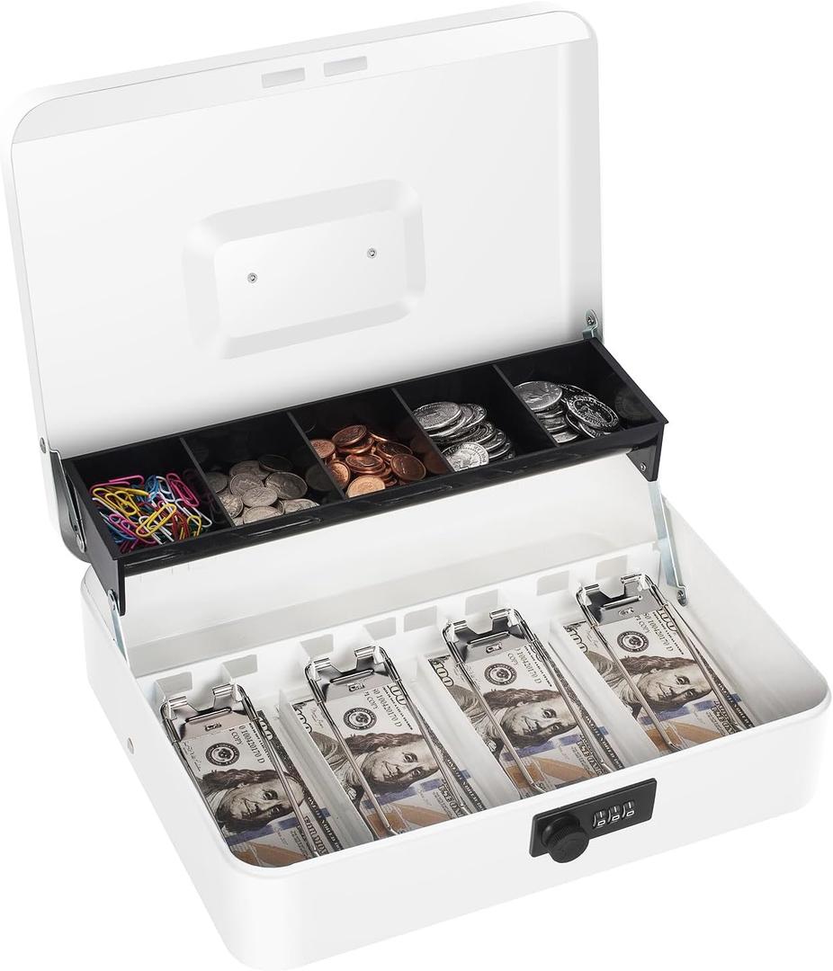 Cash Box with Money Tray and Combination Lock, Large Money Box for Cash Regiser, Safe Lock Box for Money Saving Metal 11.8"x9.45"x3.54" White XL Large