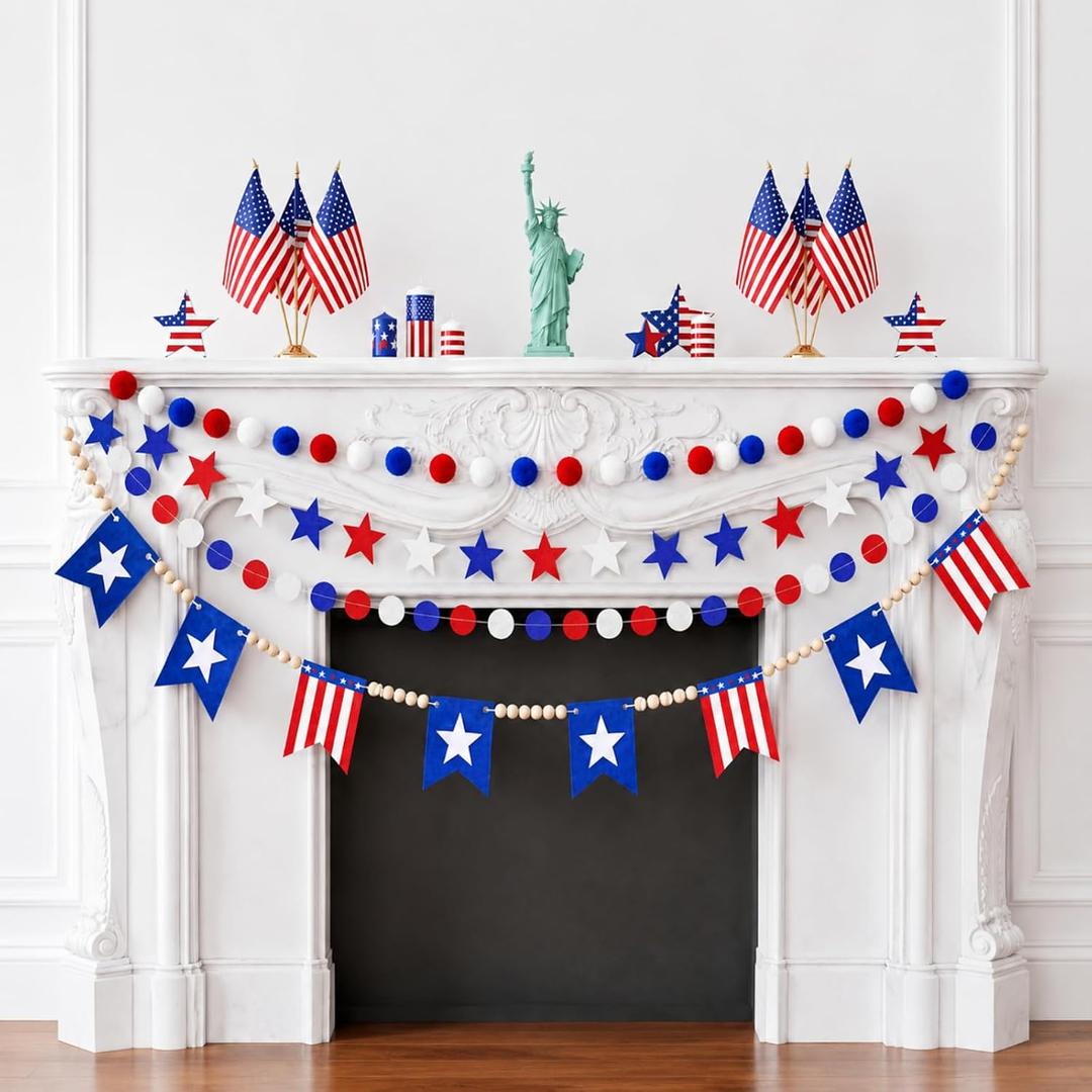 Dingion 4 Pcs 4th of July Garland for Mantle 40ft Patriotic Garland 250th Anniversary Decoration Wood Bead Independence Day Pom Pom American Flag White Red Blue Banner for Fireplace Indoors