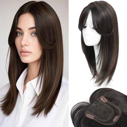 HVVZOY Hair Toppers for Women with Thinning Hair, 360° 3D Toppers Hair Pieces for Women Side Part Clip in Bangs 18 Inch Curly Wavy(Mocha brown mixed with natural black-Side Bangs)
