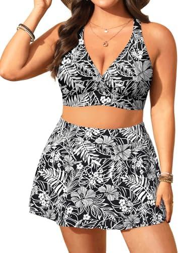 Women's Plus Size High Waisted Bikini - Two Piece Swimsuit with Skirt 2025 Tummy Control Bathing Suit with Pocket, Black Floral, 22W