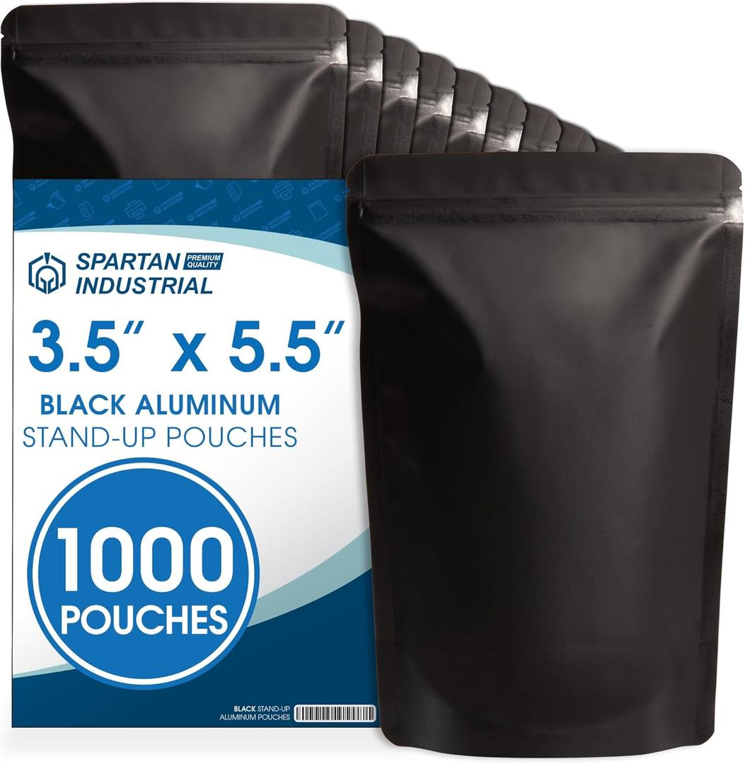 Spartan Industrial 3.5" X 5.5" Matte Black Stand-Up Mylar Bags - 1000 Count Small Smell-Proof Bags With Heat Sealable Opening and Resealable Zipper