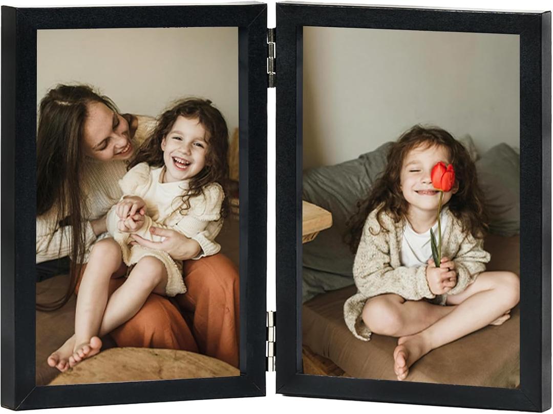 4x6 Double Picture Frame Hinged Folding Vertical Stand on Tabletop, Wood Two Openings 4x6 Double Photo Frame Collage with Shatter Resistant Plexiglass, Black