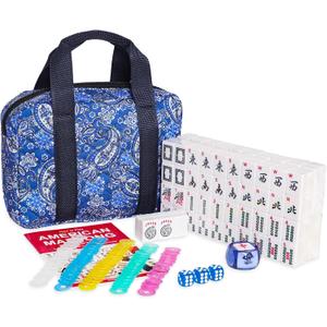 American Mahjong Set, 166 White Engraved Tiles (1.2), Mahjong Tile Set with Blue Printed Carrying Bag for Travel, Without Rack/Pushers
