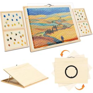 Tilting & Rotating Puzzle Board for 1000 Pieces, Natural Pine Wood Portable Jigsaw Puzzle Table with 4 Drawers & Cover, 3 Adjustable Angles & 360Lazy Susan, 30x22, Ideal Gift for Adults