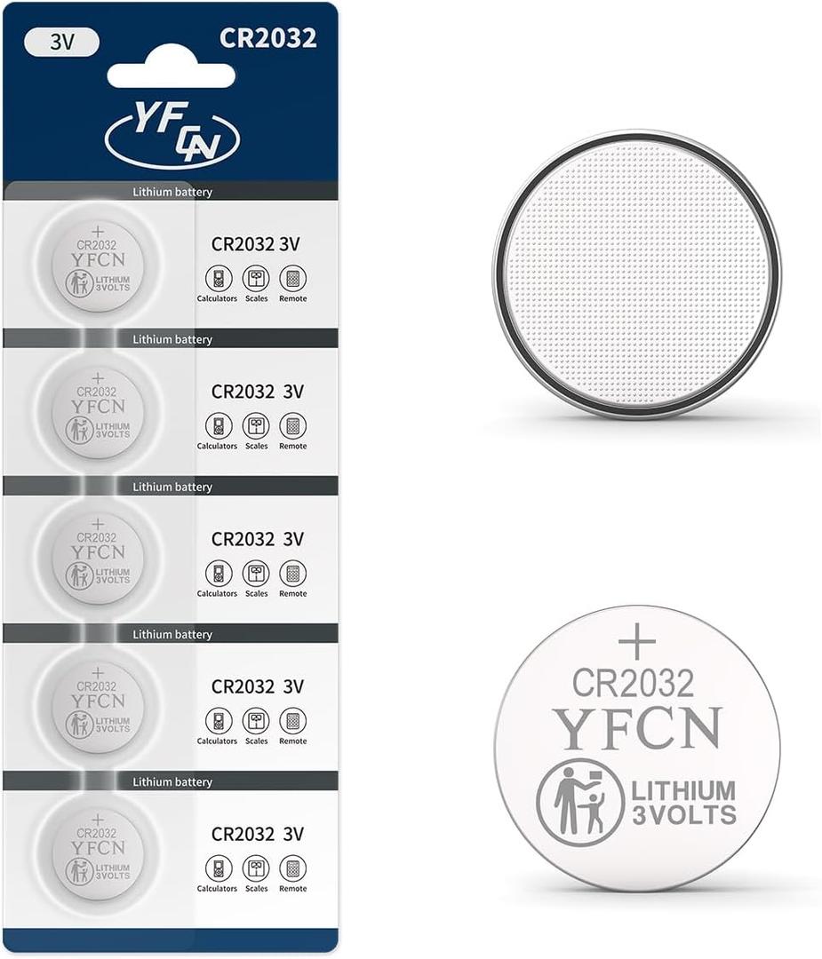 YFCN CR2032 Battery 3V Lithium Batteries 5 Count Pack CR2032 Batteries - CR 2032 Coin Cell Battery for AirTag, Key Fob, Remotes- 10 Years Shelf Life