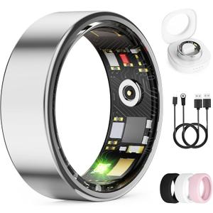 Smart Ring for Women & Men, Health Tracker Ring with Heart Rate, Blood Oxygen,Blood Pressure, IP68 Waterproof Fitness Ring, Sleep Tracker for iPhone and Android, No APP Fee (Silver, 10#)