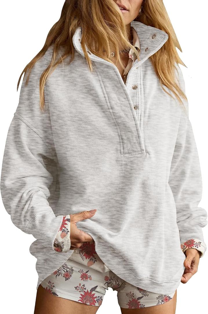 Gacaky Sweatshirt for Women Oversized Casual Long Sleeve Button Henley Neck Pullover Tops Fashion Outfits Clothes (White, L)