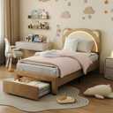 IDEALHOUSE Twin Size Bed Frame for Kids with LED Lights, Storage Drawers & Adjustable Headboard, Cute Bear Design, Soft Velvet Fabric, Solid Wood Slat Support, Noise-Free, Easy Assembly, Brown