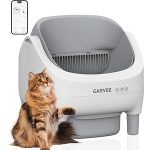 Self Cleaning Litter Box, Automatic Cat Litter Box with APP Control, Odor-Free Waste Disposal Includes Trash Bags, Large Waste Bin, Open-Top, for Multiple Cats, Light Grey
