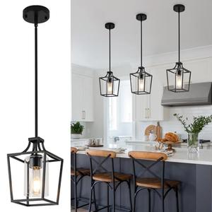 Foucasal Black Pendant Light Fixture Lantern with Clear Glass Shade, Adjustable Height Rods for Kitchen Island, Dining Room, Kitchen Foyer, Hallway