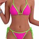 Tainehs Women's Sexy Halter Thong Bikini Tie Two Sides Bottom Triangle Bikini Swimsuits (Hot Pink-green, Small)