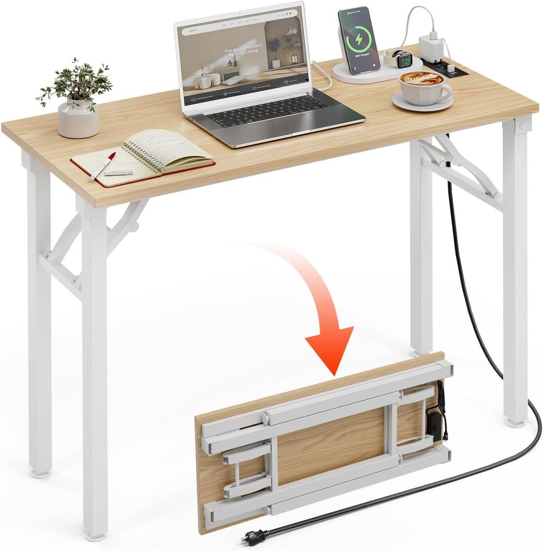 XBurmo Small Folding Desk Folding Table, No Assembly Foldable Desk Gaming Desk, 35.8-Inch Computer Table Workstation with 2 AC Outlets and 2 USB Ports for Bedroom and Home Office, Light Maple, 35.8 x 15.7 Inch