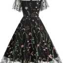 Women Keyhole Floral Embroidery Dress Sheer Mesh Illusion Vintage Cocktail Swing Dress Wedding Party Prom Tulle Evening Dress (Black, Size: 43" x 15")