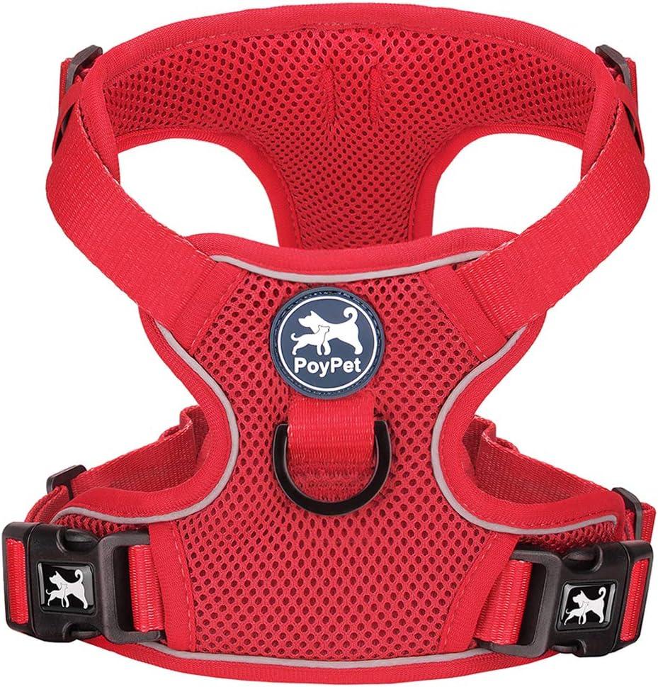 PoyPet Reflective Soft Breathable Mesh Dog Harness Choke-Free Double Padded Vest with Adjustable Neck and Chest(Red,S)