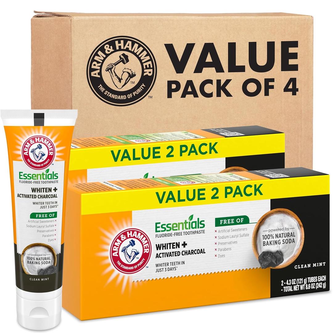 ARM & HAMMER Essentials Fluoride-Free Toothpaste, Whitening + Activated Charcoal Toothpaste, 4 Pack of 4.3oz Tubes, Clean Mint, 100% Natural Baking Soda