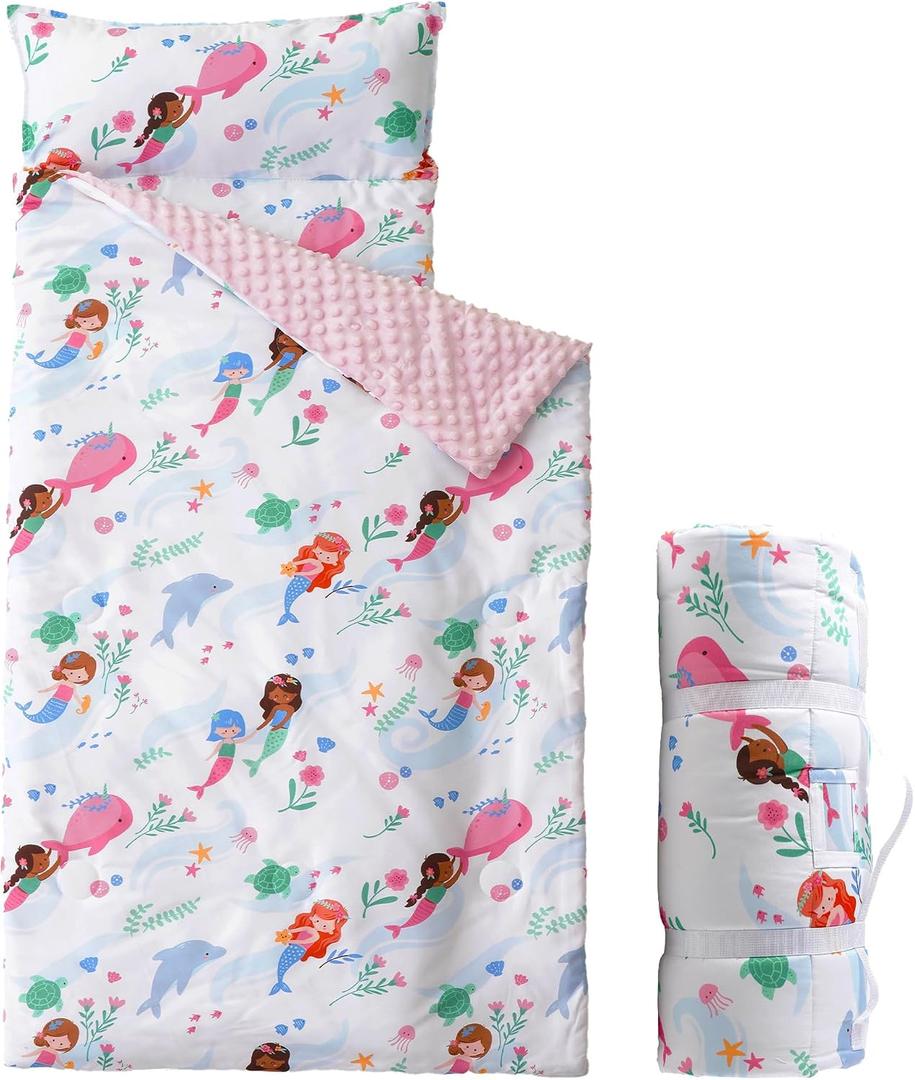 Bunnikins & Clover Toddler Nap Mat with Removable Pillow, Nap Mats for Preschool, Easy Clean Toddler Nap Pad for Kindergarten, Kids Sleeping Bag for Travel Camping