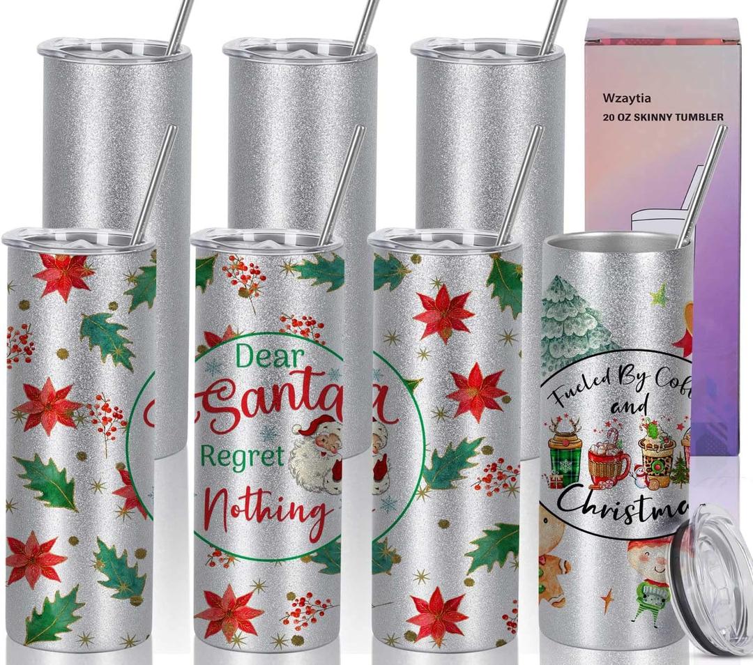 Glitter Sublimation Tumblers 20 Oz Skinny Straight, 8 Pack Sublimation Glitter Skinny Tumbler Blanks, Insulated Stainless Steel Tumbler, Silver