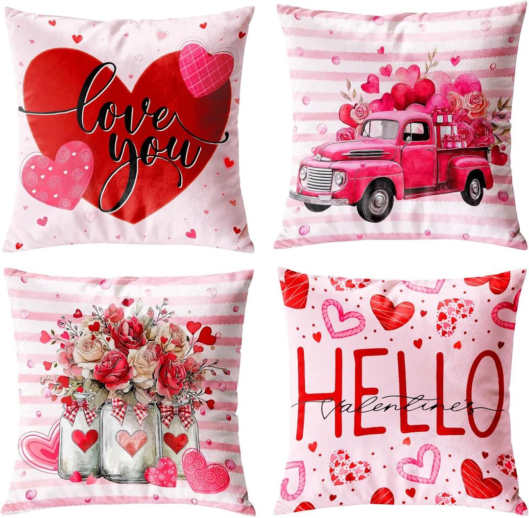 Valentines Day Pillow Covers 18x18 Set of 4 Romantic Throw Pillow Covers Cushion Covers for Sofa Bed Couch Anniversary Wedding Home Decor for Living Room Pink Plaid Love