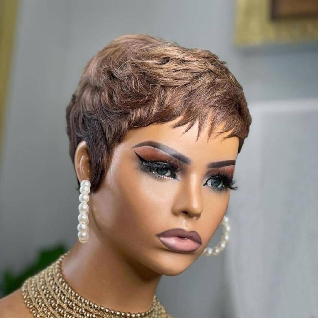 Pixie Cut Wig Human Hair For Black Women Short Straight Human Hair Wigs With Bangs Full Machine Made Wigs (Brown) (1Packs)