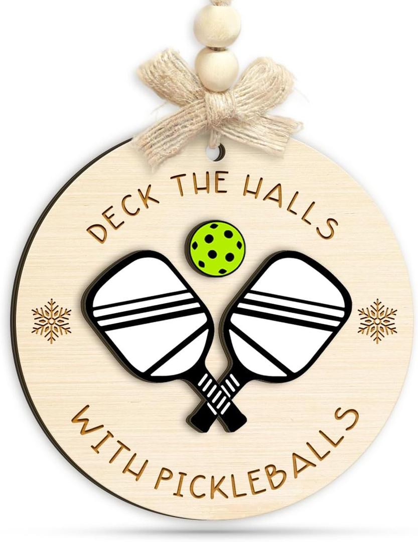 3 x Pickleball Christmas Ornament - Deck The Halls with Pickleballs Xmas Tree Decor - Sports Ornaments Gifts for Women, Men, Pickleball Fans, Players, Teams, Coaches - 2 Layer Wood